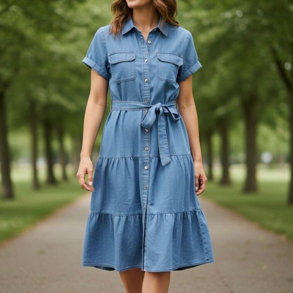 Meadow Rhodes Chambray Shirt Dress Wm’s 2X Button Front Tiered Midi Belted